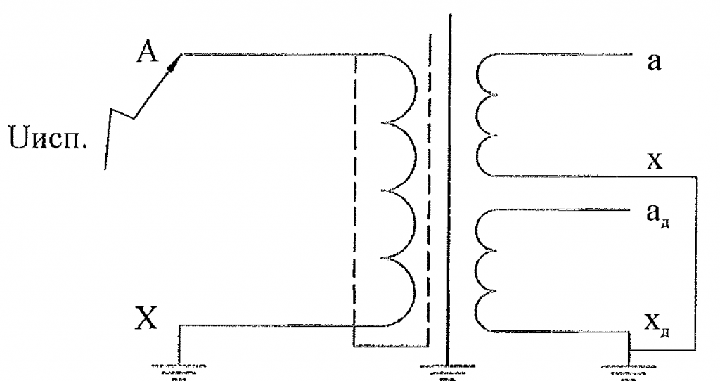 Рис. Е.З - Схема испытания электрической прочности изоляции первичной обмотки трансформатора приложенным напряжением 1,3 номинального при частоте 50 Гц.